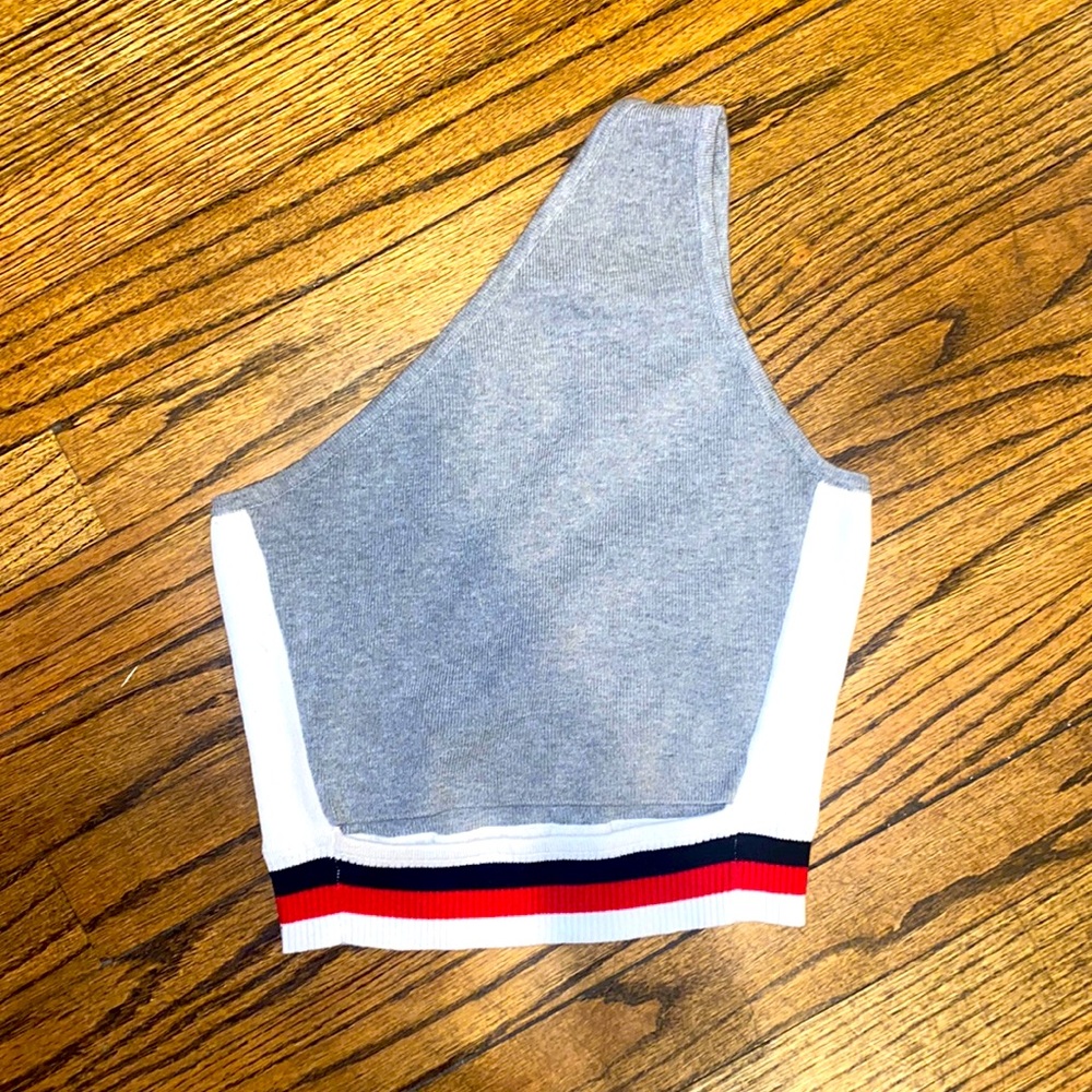 Rehab gray, red, white & blue cropped one shoulder sweater. Juniors Medium